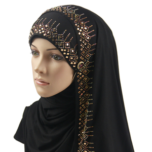 Hijab en Jersey extensible pour femmes, coton, strass noir uni, cicatrice de diamants, avec pierre dorée, vente en gros, collection 2021