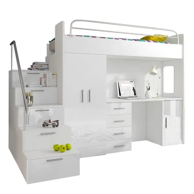 Ahşap Beyaz çocuk ranzası yatak odası mobilyası ile Dolap Masası Merdivenler