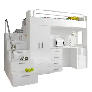 Wood White Children Bunk Bed Bedroom Furniture with Wardrobe Desk Ladders