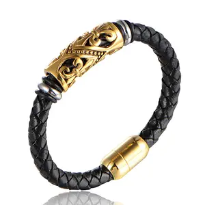 Bracelet en cuir plaqué or pour hommes, bijou personnalisé, en acier inoxydable, nouveau Design tendance