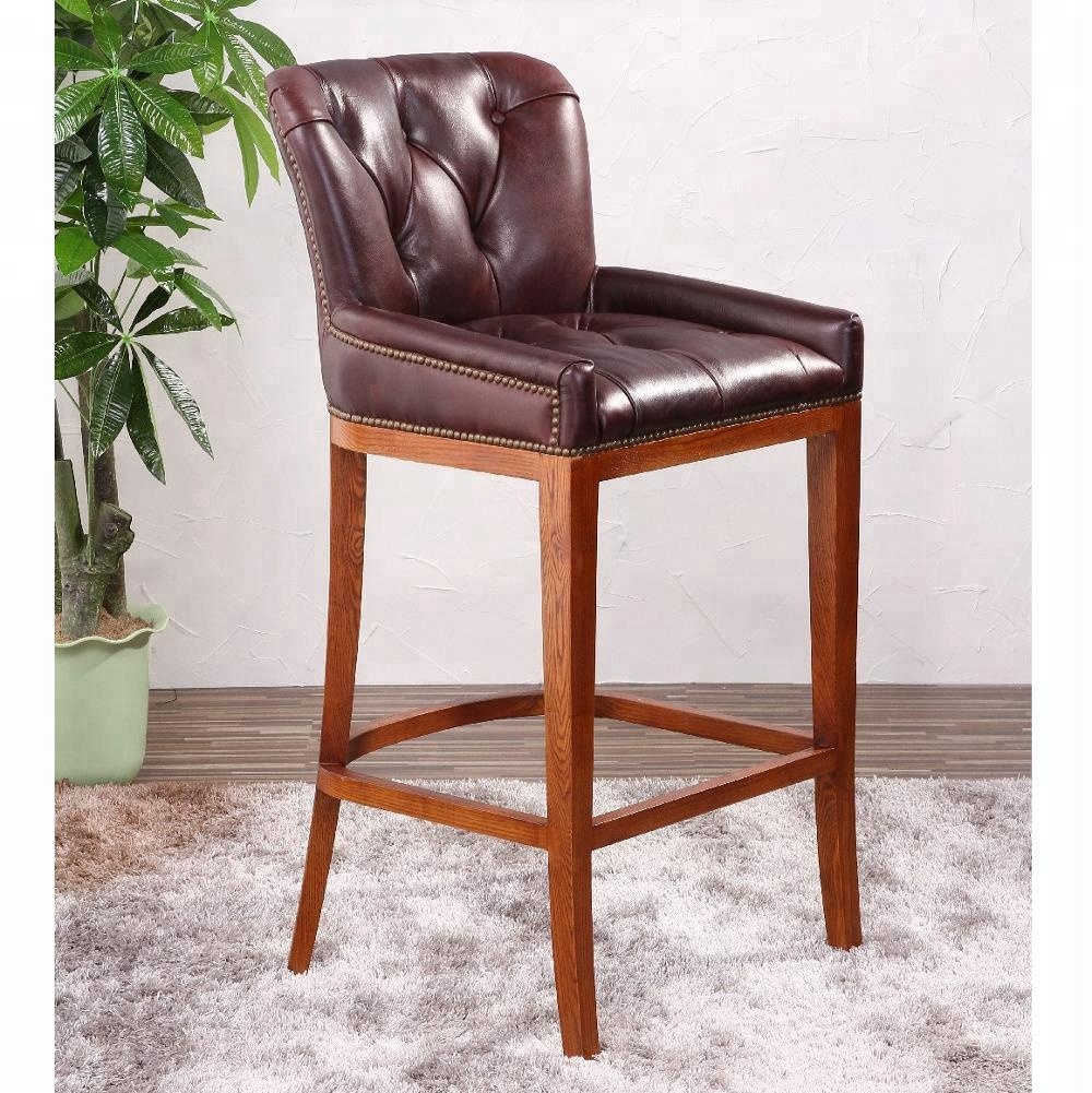 Vintage French Casino Tufted Bar Stools - Genuine Leather & Oak