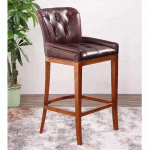 Vintage French Outdoor Barstool Teak <strong>Bar</strong> <strong>Stools</strong> Chair Genuine Top Grain <strong>Leather</strong>/PU Oak Wood Leg Buttons Restaurant - Product Image 1