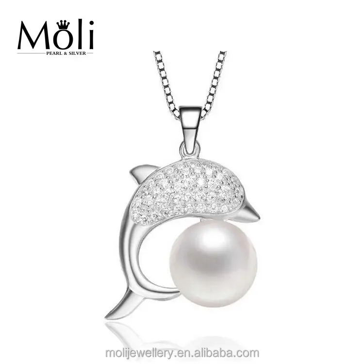 Dolphin Design Pearl Pendant Jewellery in Brass plated Silver and CZ