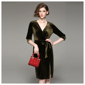 Venta al por mayor de moda de <span class=keywords><strong>terciopelo</strong></span> de cuello en V de media manga fiesta sexy noble vestido de las mujeres - Product Image 2