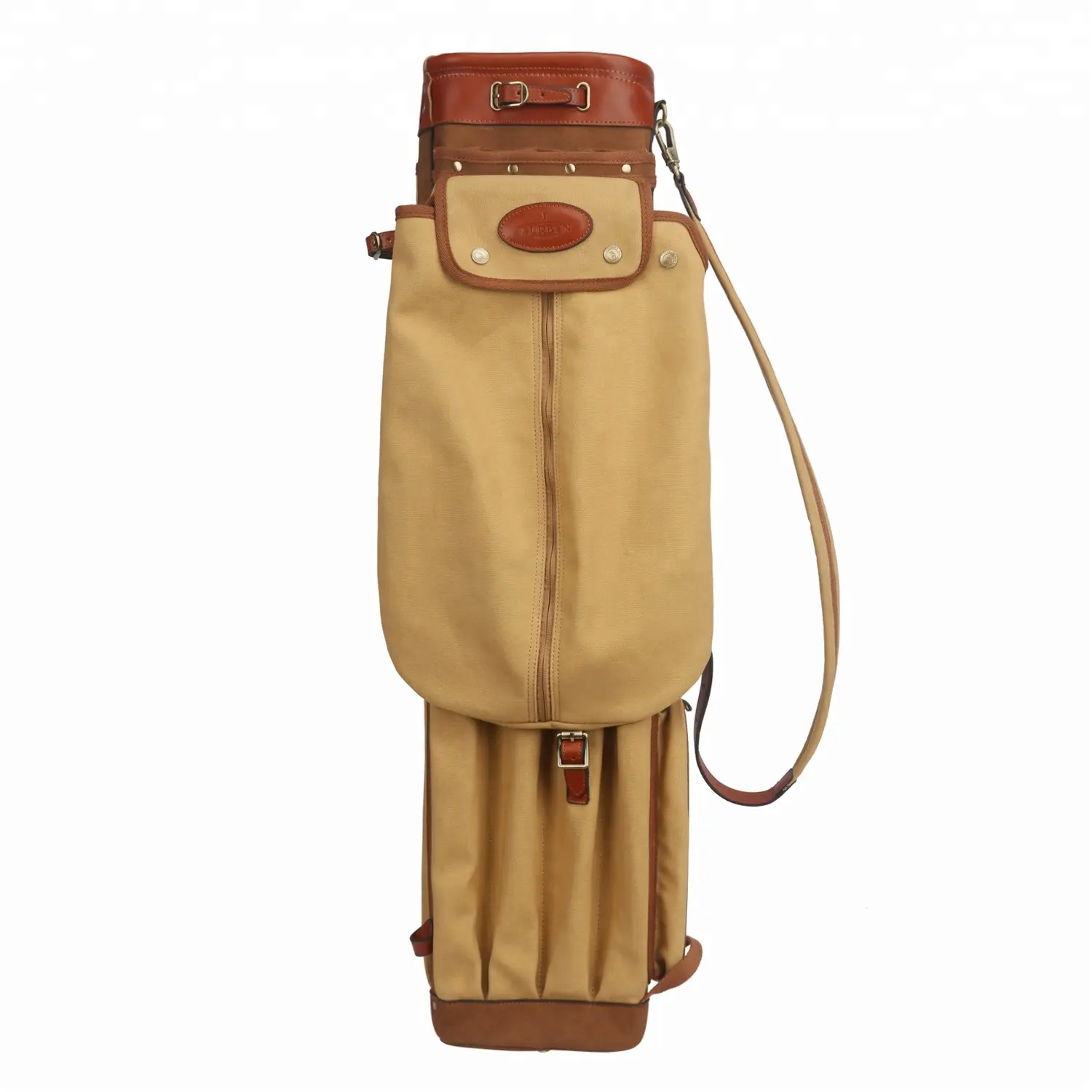 उच्च गुणवत्ता वाले कस्टम विंटेज वॉटरप्रूफ गोल्फ बैग टूरबन कैनवास स्टाफ कैरी बैग असली लेदर से बना है