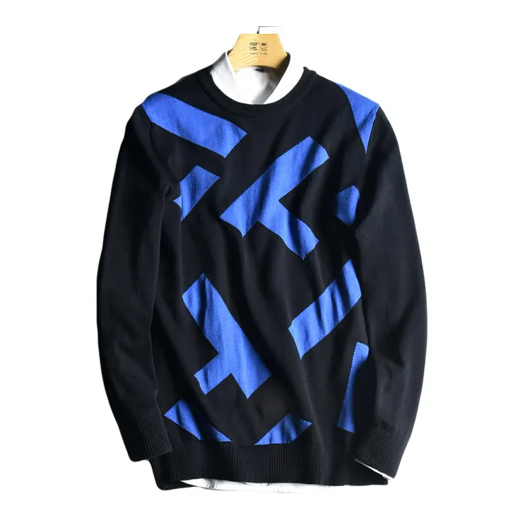 2018 custom design men sweater cotton blue&black men's jacquard sweater