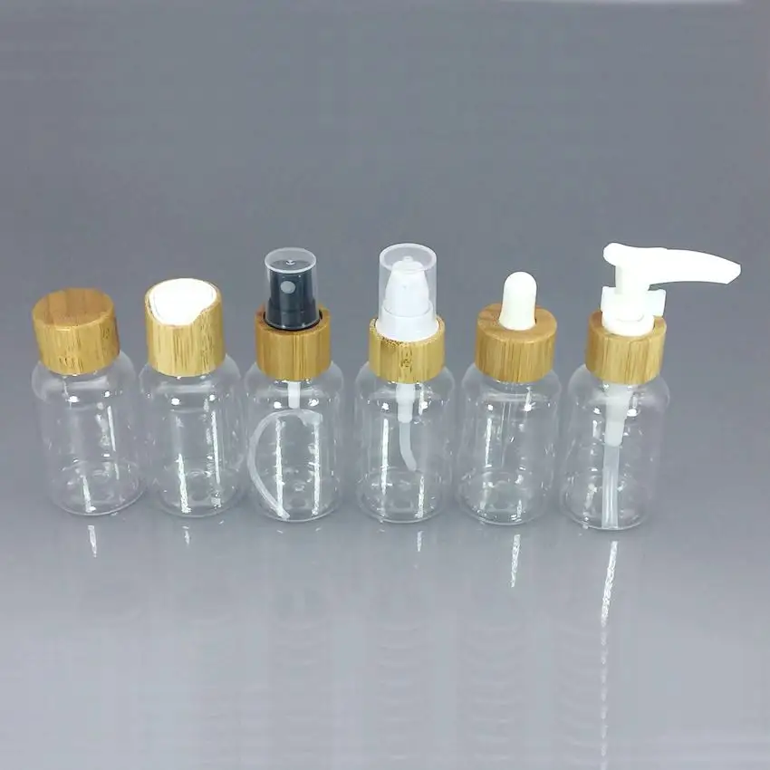 Kit da viaggio confezione cosmetica in bambù shampoo pompa spray flacone in plastica da 50 ml flacone contagocce da 50 ml