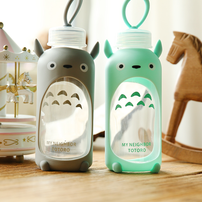 370ml Cute Totoro Cartoon Glass Cup,Travel Water Bottle With Silicone Sleeve.