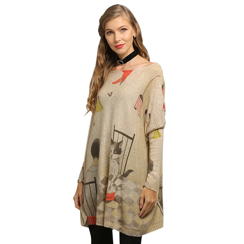 Automne 2023 nouveau dessin animé motif ample surdimensionné imprimé pull femmes robe en tricot manches chauve-souris haut femmes pull