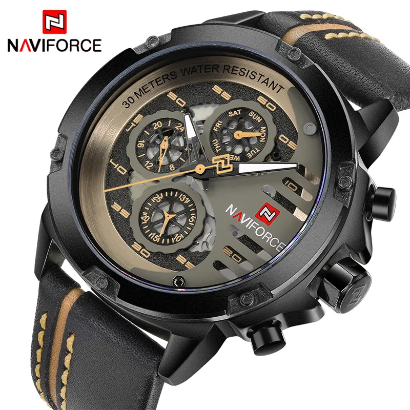 NAVIFORCE 9110 Mens Watches Luxury Waterproof 24 hour Date Quartz Watch Man Leather Sport Wrist Watch Men Waterproof Clock