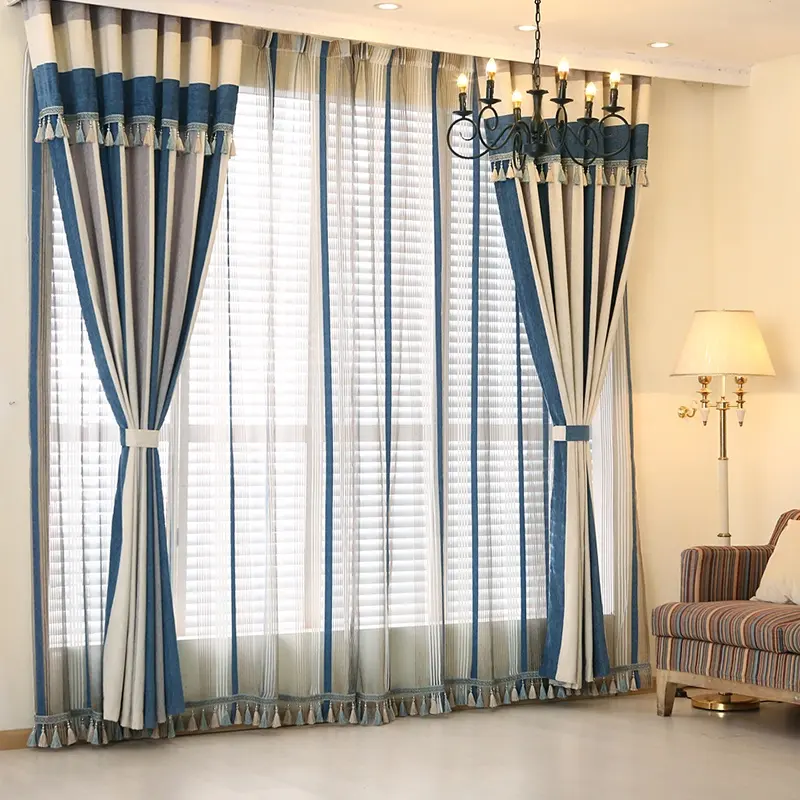 भूमध्य शैली दो रंग खड़ी पट्टियों सेनील पर्दा सरल आधुनिक खिड़की पर्दे के कपड़े के लिए कमरे में रहने वाले