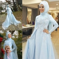Robe de mariée modeste à manches longues de style musulman, robe de mariée arabe bleue