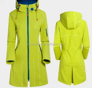 Custom Waterproof Hooded Long Softshell Raincoat for women