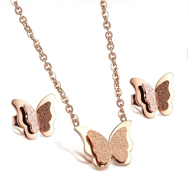 Stock Wholesale Fashion Stainless Steel Jewelry Set Butterfly Rose Gold Plated Jewelry Set for Women