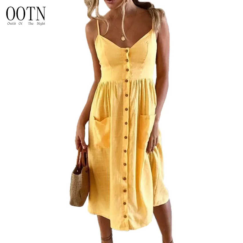 OOTN Kadın Yaz 2019 Kayış Sundress Pamuk Kadınlar Midi Tunik Güneş Elbise Sarı Boho Saida De Plaj Elbise Kadınlar Casual elbiseler