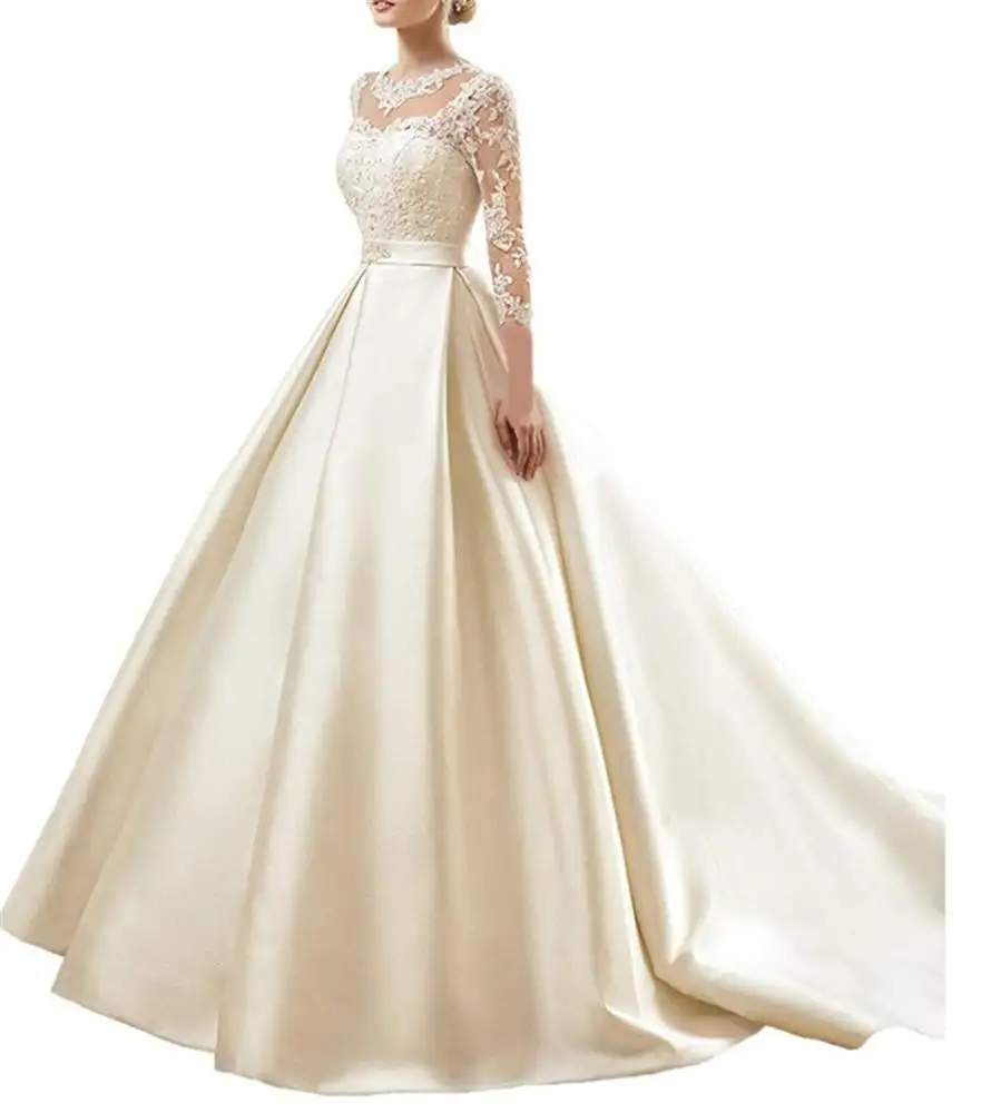 Champagne Satijn Kant Applicaties Kralen Riem Trouwjurk Illusion Tulle Terug Bridal Dress Met Count Trein 2020 Vestido De Novia