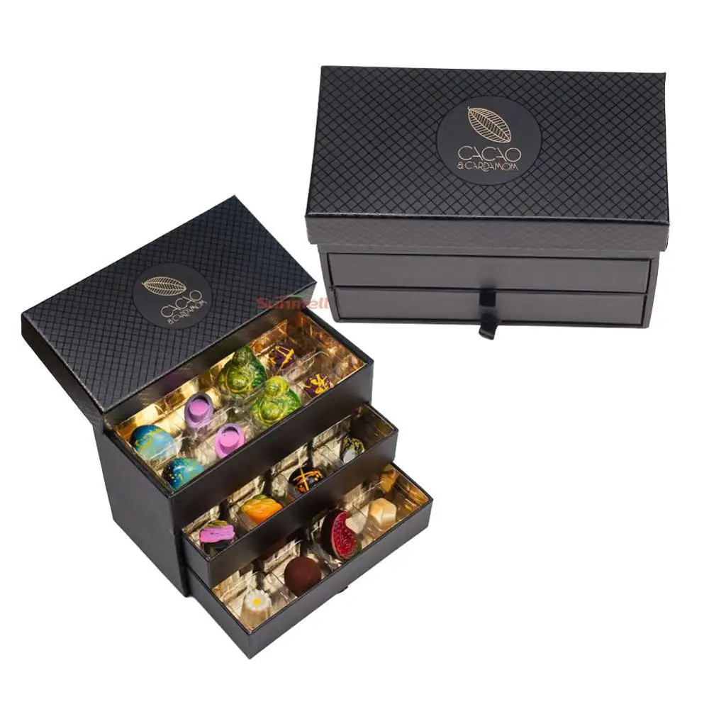 High Class Matt Black 24 Chocolate Box With Compartments Three Layers Slide Chocolate Paper Drawer Box