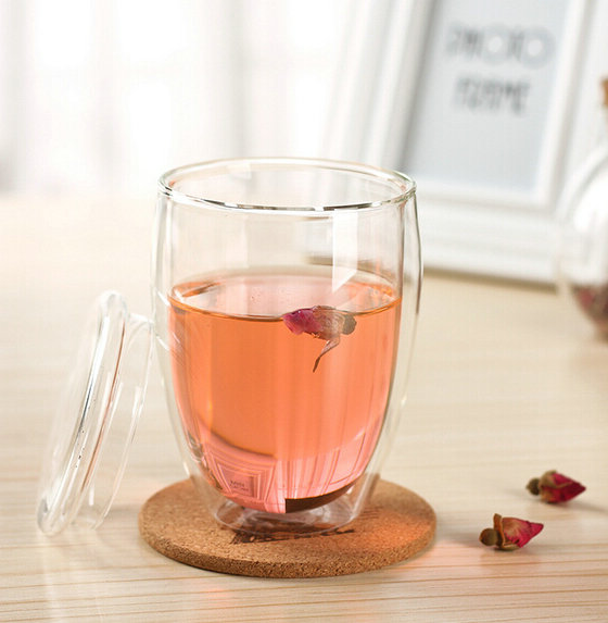 250ml 350ml 450ml Insulated Double Wall Borosilicate Glass  Coffee Cup with bamboo lid