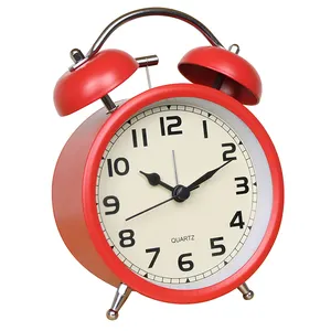 Reloj despertador de cuarzo Retro, con carcasa de Metal rojo mate, luz nocturna de barrido de segunda mano, doble campana