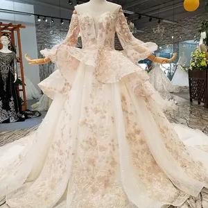 Italy Luxury Hand Beaded Lantern Sleeve Ball Gown Wedding Dress Bridal Gown