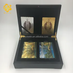 24K Kartu Bermain Foil Emas Dubai Burj Al Arab Warna-warni Emas dan Perak Foil Permainan Kartu Hitam Kotak Kayu