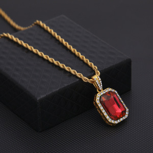 Collar con colgante de cristal rojo para hombre, Color dorado helado, estilo cuadrado, negro, azul, verde, blanco, joyería de moda - Product Image 3
