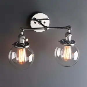 Lampu Dinding Kepala Ganda Kaca Dunia Loteng Vintage Modern, Lampu Dinding Bola Kaca Retro Seni Besi Gaya Negara Perlengkapan Lampu Edison