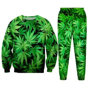 Casual streetwear sweatshirt and pants feuille green hemp leaf weed 3d crewneck hoodie Dayifang