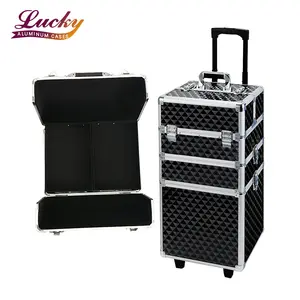 Aluminium zwart Custom Logo shockproof Waterdicht duurzaam 3 in 1 trolley beauty box cosmetische case make kappers koffer