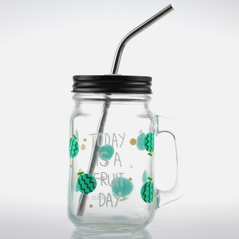 With custom printing and stainless steel straw 16oz glass mason jar