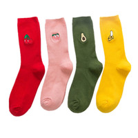 Chaussettes mignonnes de dessin animé imprimé de fruits banane cerise pêche broderie coréenne chaussettes longues drôles