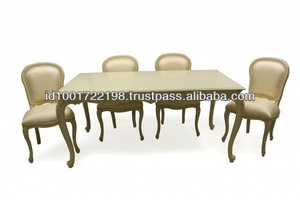 Ensemble de table à manger rectangulaire vintage moderne en blanc ivoire, 6 chaises, bois de teck massif, cuir synthétique, maison, hôtel, villa, luxe, sculpté - Product Image 3