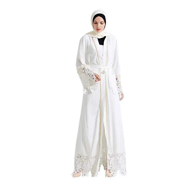 Elegan Putih Renda Mutiara Pakaian Muslim Abaya