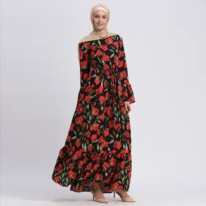 优质土耳其衣服伞花卉印花红色热卖迪拜 Jubah 穆斯林女性连衣裙女士长 Kaftan 连衣裙