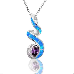 925 Sterling Silver Blue Opal Pendant with Purple Cubic Zirconia