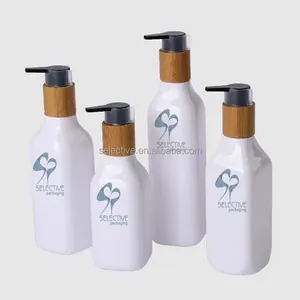 Pompe en bois bambou avec couvercle Unique de 400ml, pour shampoing, grande taille, bouteille en plastique blanc - Product Image 2