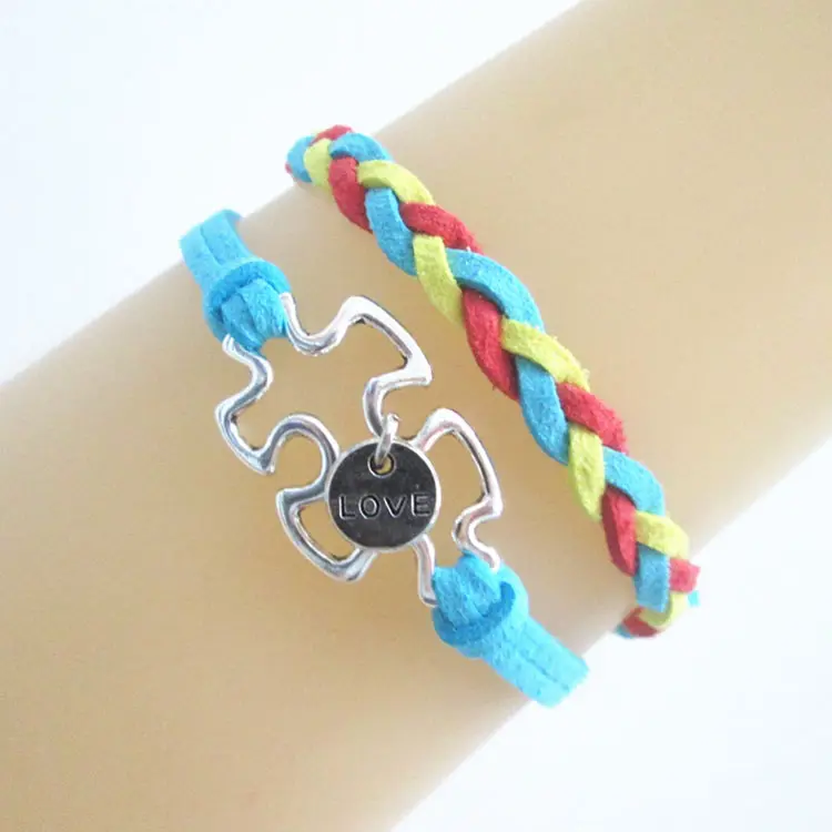 Trendy Autism Awareness Charms Leder geflochtenes Wickel armband Autismus Puzzle Armband Handgemachter Schmuck