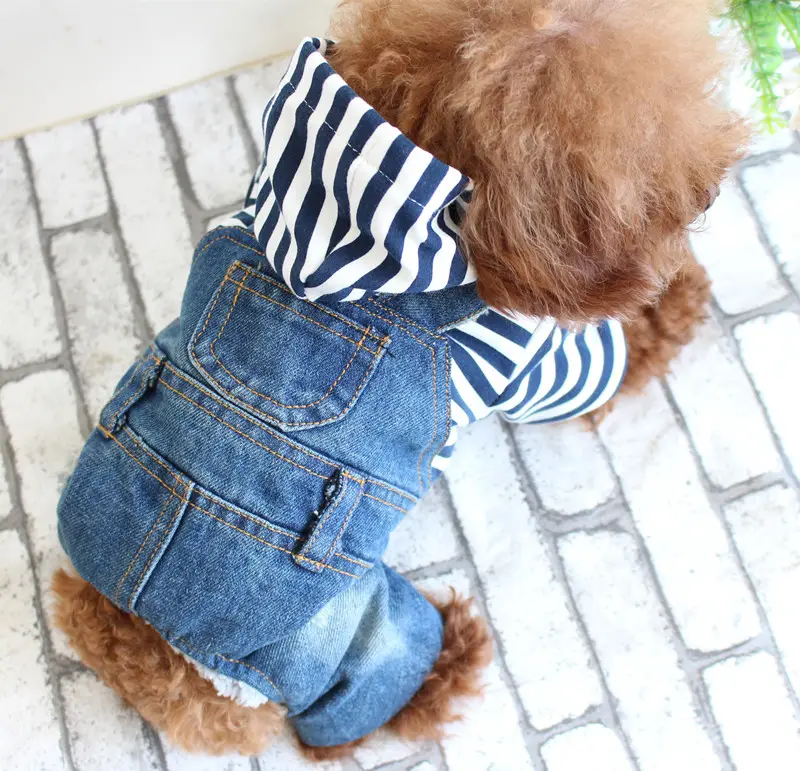 Pet köpek giysileri çizgili Denim kapşonlu dört bacaklı tulum köpek tulum oyuncak ayı için köpekler