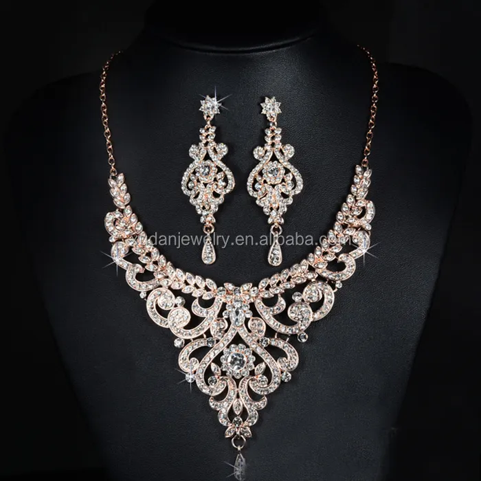 Bridal Wedding Party Jewelry Set Crystal Rhinestone Diamante Gold Necklace & Clip On Earrings Set