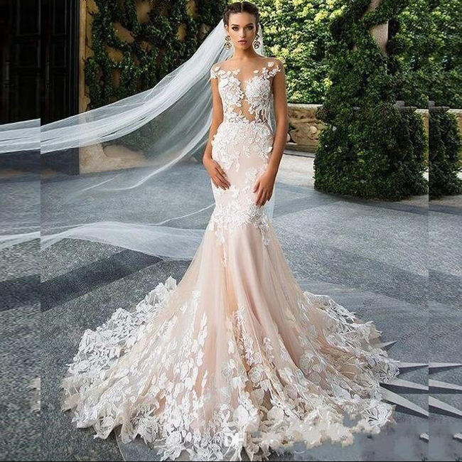 WF049羽レースマーメイドウェディングドレス付きイリュージョンベール