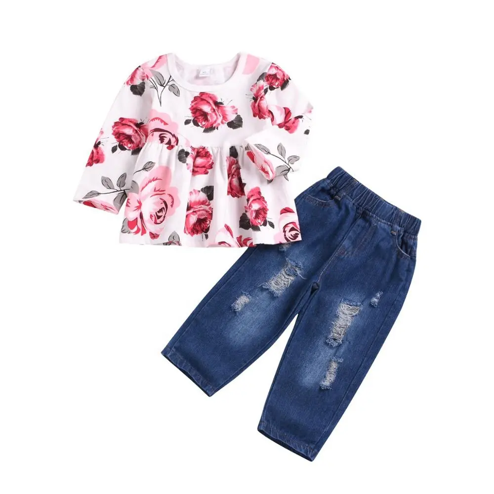 Dua Potong Sepasang Robek Denim Jeans Di Gadis Baru Floral Panjang Lengan Gadis Anak Set Pakaian Bayi Pakaian Set
