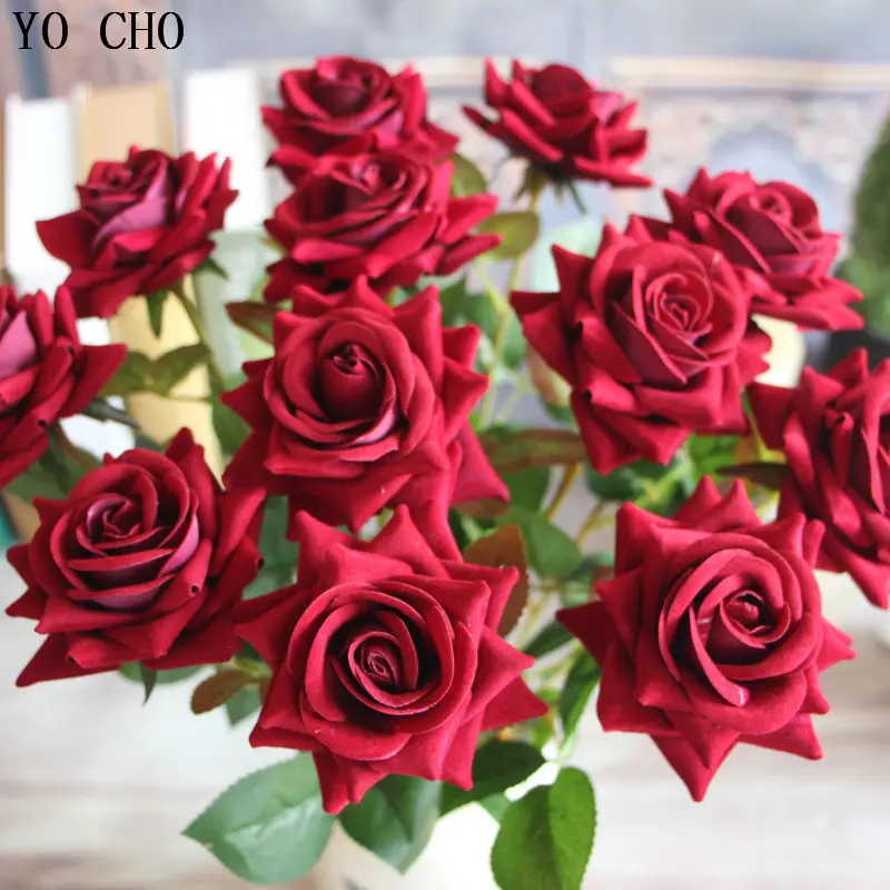 Atacado único flannelette subiu casa decoração flores artificiais do casamento de veludo rosa flor red rose bouquet planta rosa