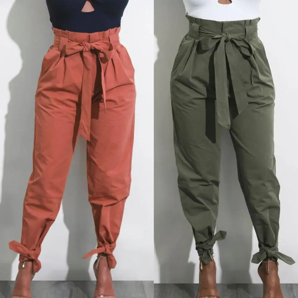 महिलाओं राजभाषा शिफॉन उच्च कमर अन्त: पुर पैंट धनुष टाई drawstring मीठा लोचदार कमर जेब आकस्मिक पतलून pantalones E52154