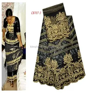 Tela de encaje George africano, tela de seda negra, flor de encaje bordado estilo nigeriano, tela Bazin de boda, CB707-3