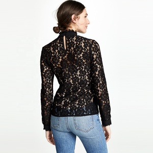 Autunno donna taglie forti camicie Casual a maniche lunghe top in pizzo nero con modello solido comode camicette da donna - Product Image 3