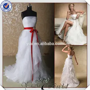 JJ3683 Red sash ruffle organza front slit wedding dress with long tail
