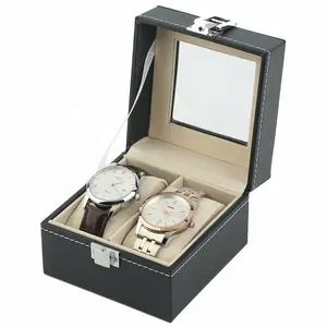 Travel Leather Watch Box With 2 Slot Custom Watch Case With Display Window Black