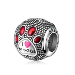 925 Sterling Silver Red Enamel Pets Dog Footprint Charm beads fit Bracelets