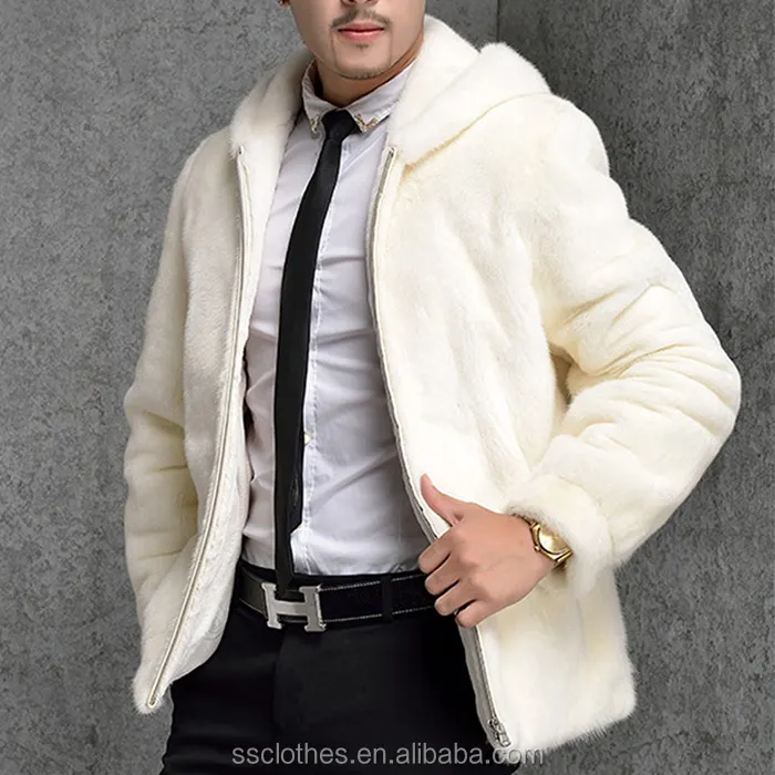OEM service new style trendy men white faux mink fur coat