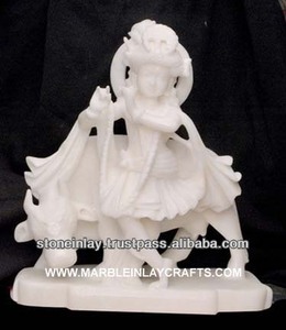 Statue de Krishna en marbre avec vache, dieu indien - Product Image 1